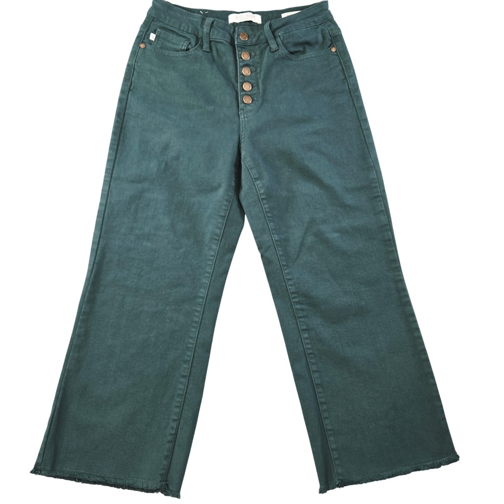 Judy Blue Pants Womens 7 Green Wide Leg Crop Denim Stretch Pockets Button Front